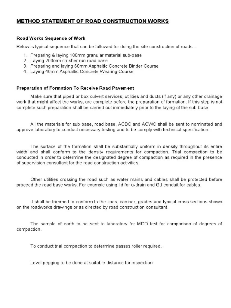 Method Statement of Road Construction Works Mbpj PDF Concrete Road