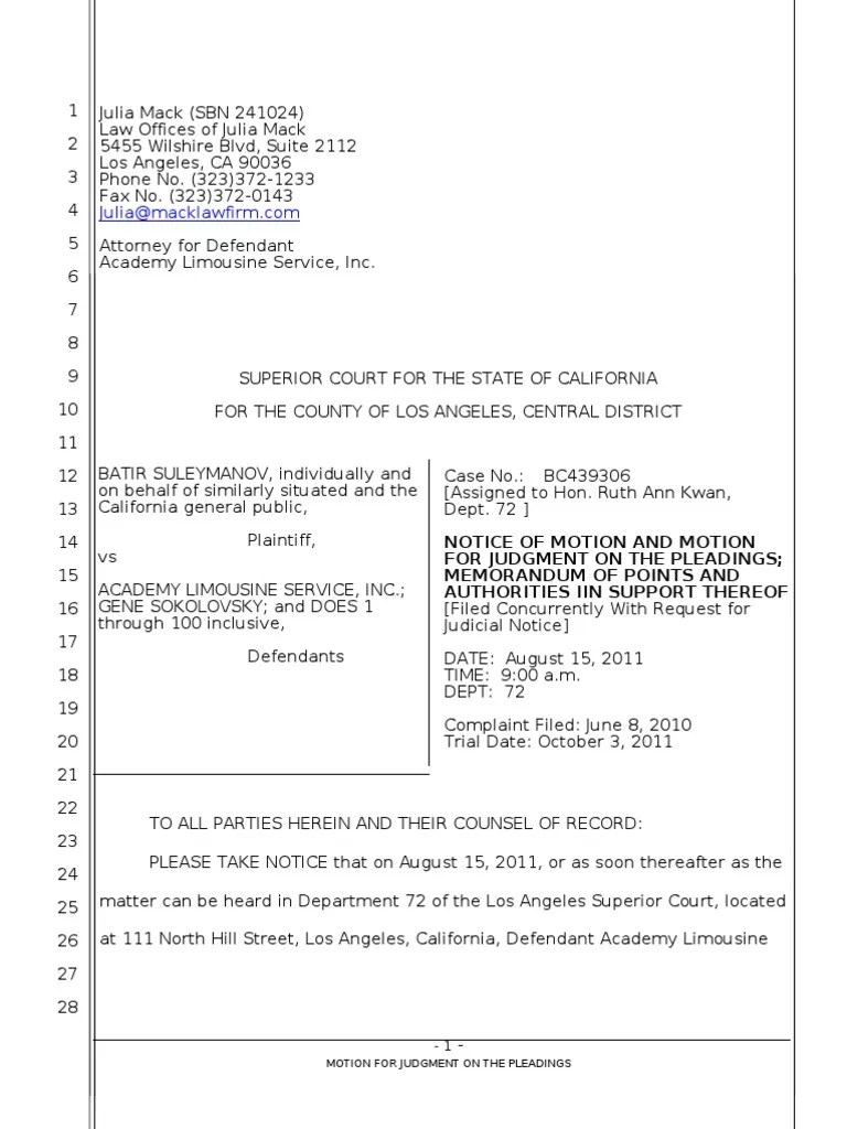 Final Motion for Judgment on Pleadings Academy PAGA Pleading Demurrer