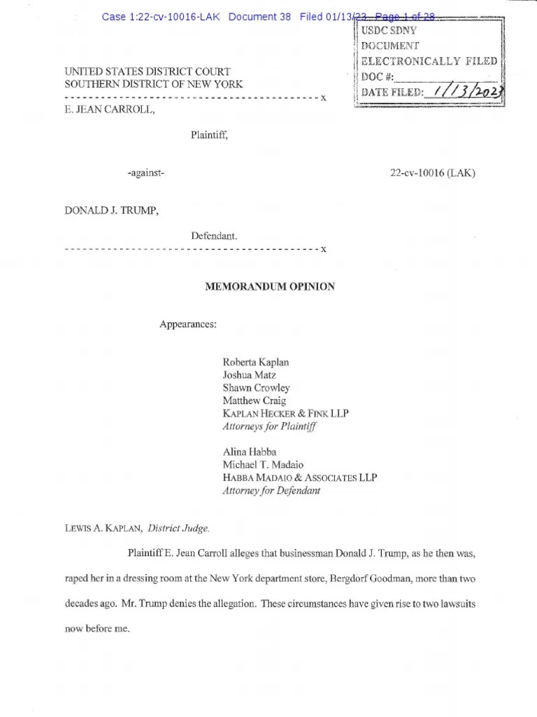 MTD Ruling Carroll V Trump PDF Statute Of Limitations Defamation