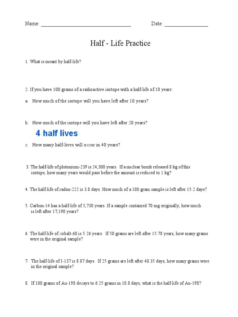 Half Life Worksheet Problems and Graphing PDF