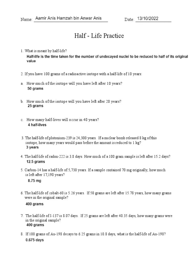 Half Life Worksheet Problems and Graphing PDF