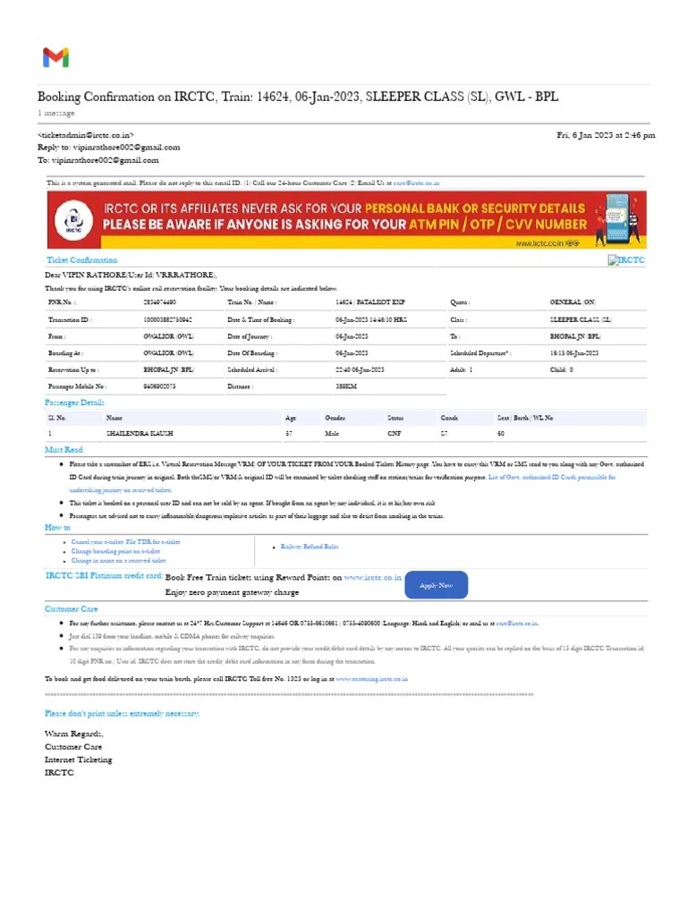 Gmail Booking Confirmation On IRCTC, Train 14624, 06Jan2023