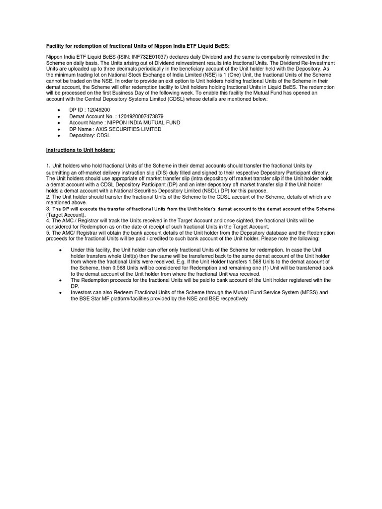 Facility For Redemption of Fractional Units of Nippon India Etf Liquid