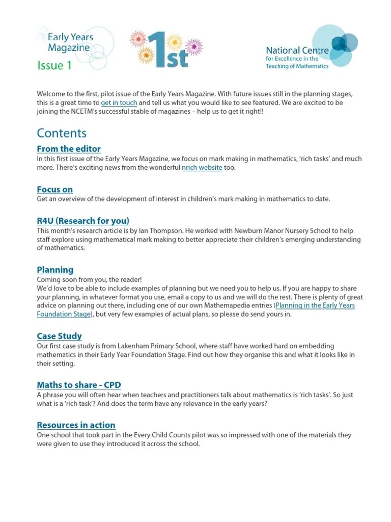 Ncetm Early Years Magazine Issue 1 PDF Preschool Teachers