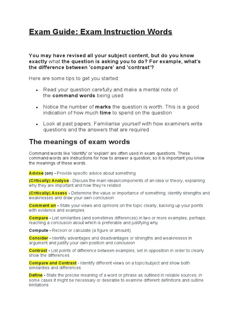 Exam Instruction Words PDF
