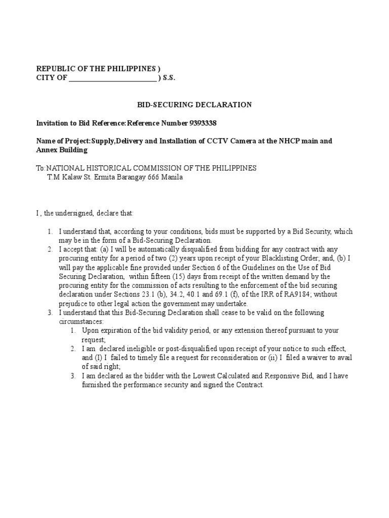 Bid Securing Declaration Nhcp PDF Notary Public Government