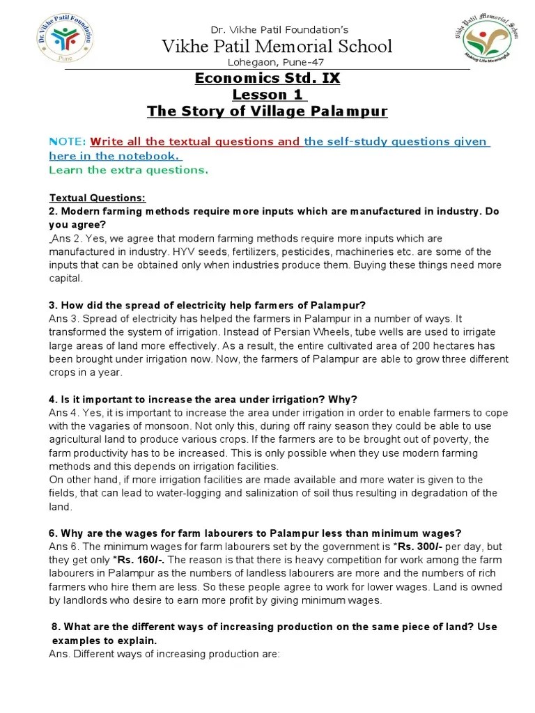 Eco L 1 The Story of Village Palampur Questions and Answers PDF