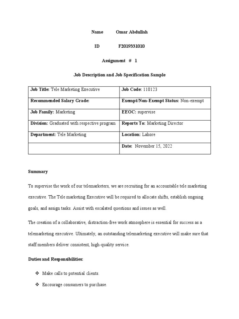 Example of JD & JS PDF Marketing Sales