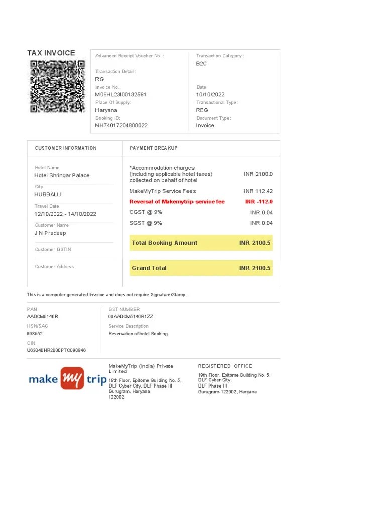 MMT Hubali Hotel PDF Invoice Economies