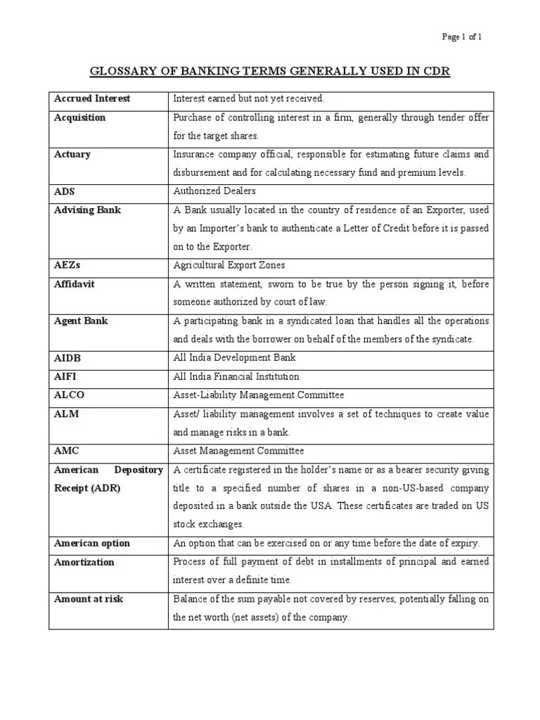 Glossary Of Banking Terms Generally Used In Cdr Accrued Interest Acquisition Bonds (Finance