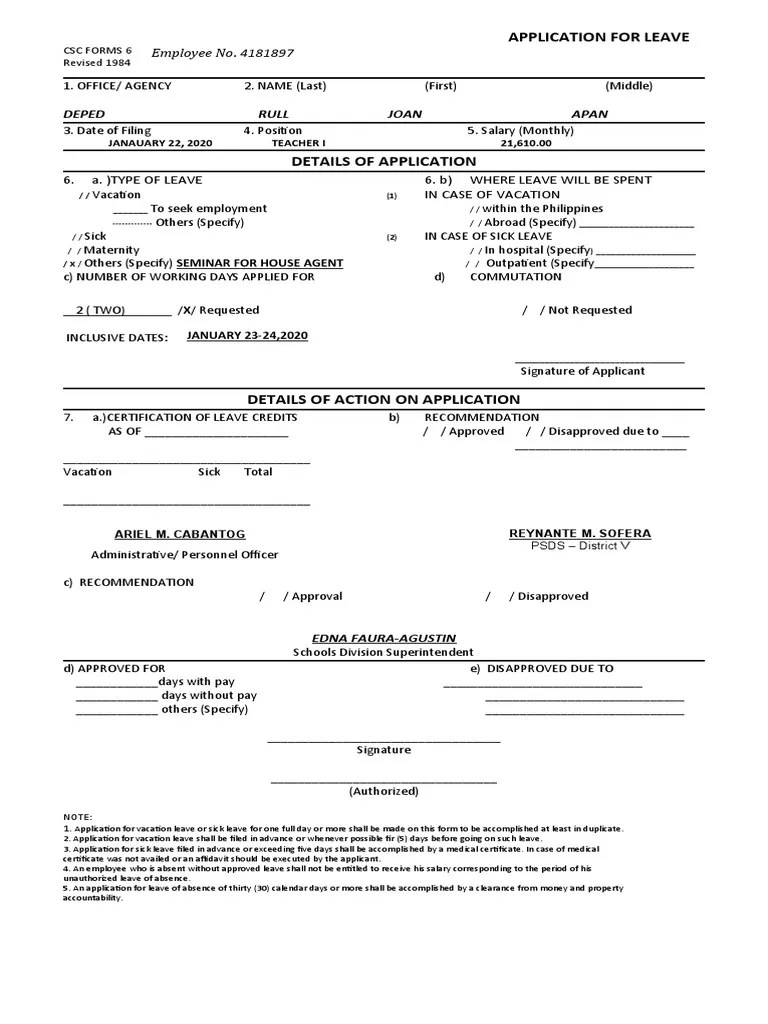 CSC Forms 6 Blank PDF Sick Leave Employee Relations