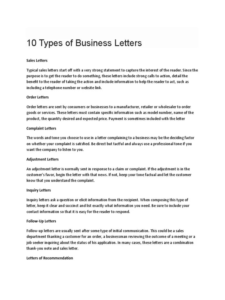 10 Types of Business Letters PDF Employment Sales