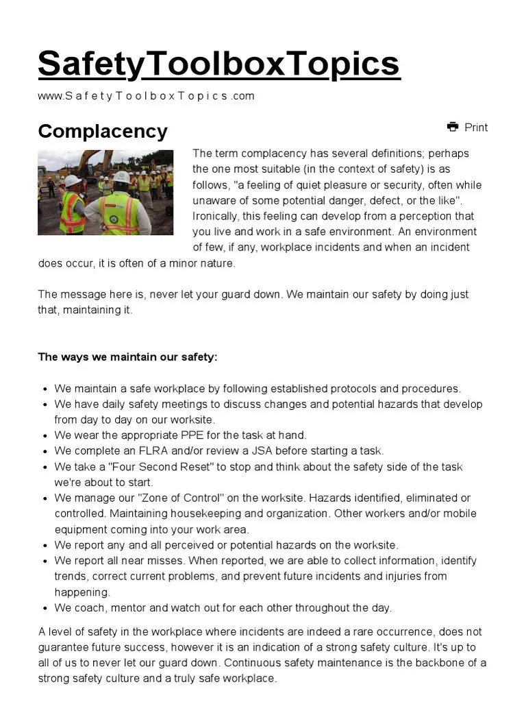 Complacency Safety Toolbox Talks Meeting Topics PDF Safety