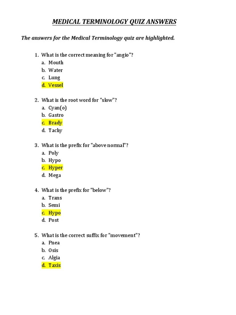Medical Terminology Quiz ANSWERS PDF