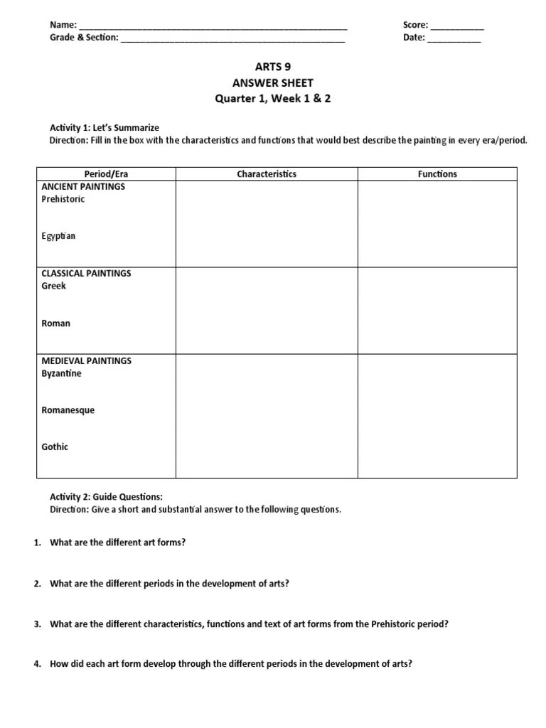 Arts Quarter 1 Answer Sheet Documenting Progress in Art History