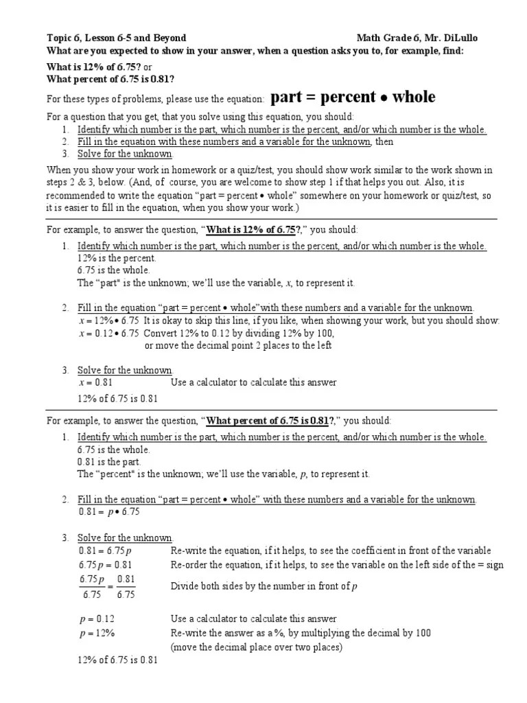 Topic 6 & Lesson 65 Expectations For Find Percent of A Number Equation PDF Equations