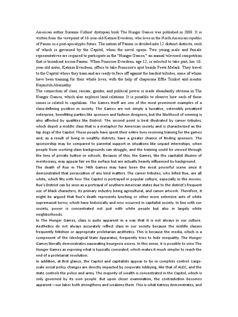 Marxist Critique Paper On The Hunger Games Novel PDF The Hunger