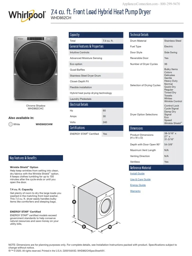 Whirlpool DLEX4000 Specification Sheet PDF Clothes Dryer Manufactured Goods