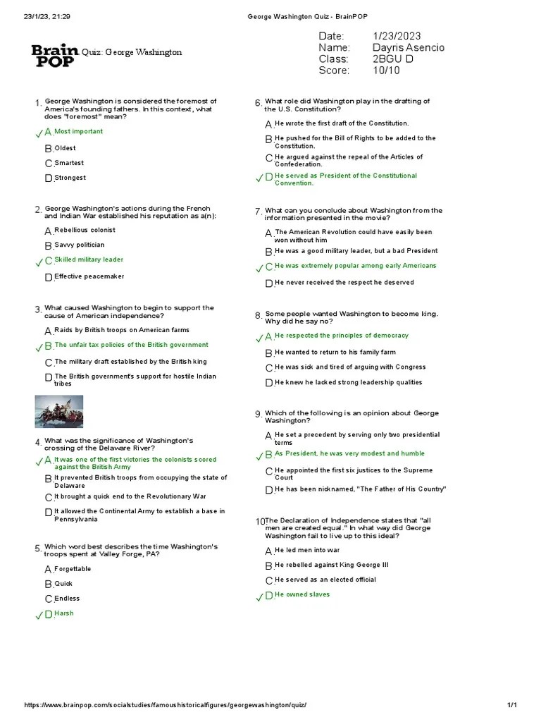 George Washington Quiz - BrainPOP | PDF | George Washington