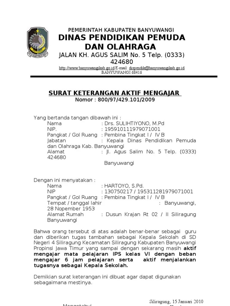 Surat Aktif Mengajar Kepala Sekolah | Pdf