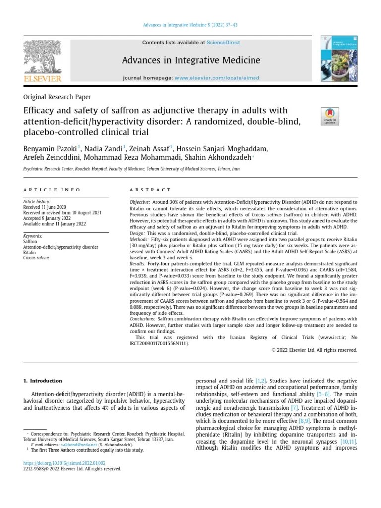 Pazoki Et Al. 2022 Efficacy and Safety of Saffron As Adjunctive Therapy in Adults With ADHD