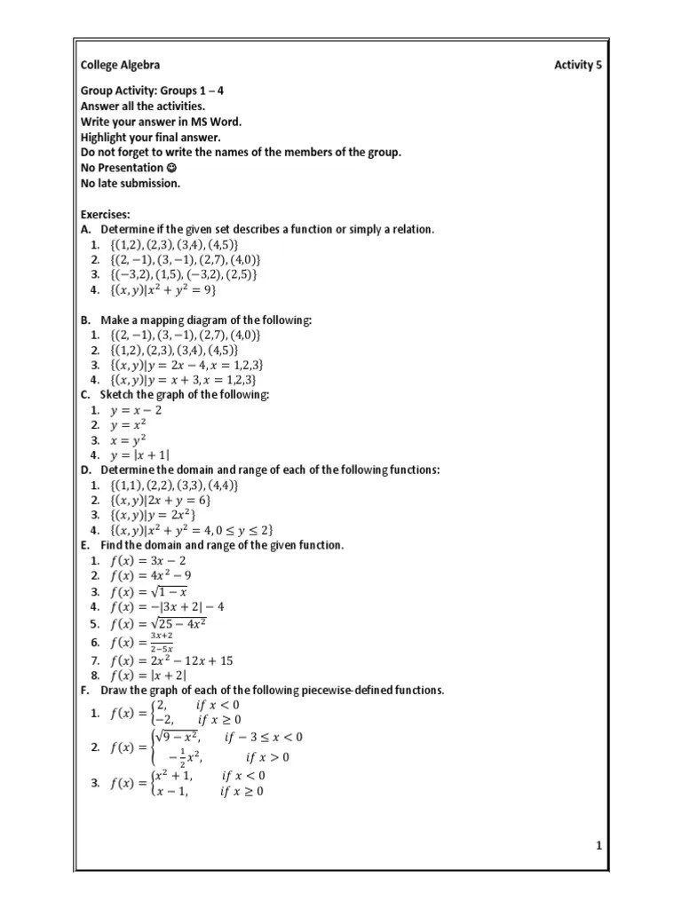 ALGEBRA Activity 6 Functions PDF Function (Mathematics) Mathematical Concepts