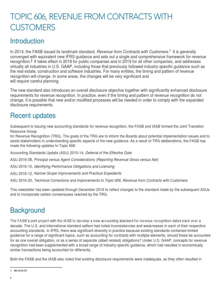 FASB Topic 606 Revenue From Contracts With Customers PDF Financial