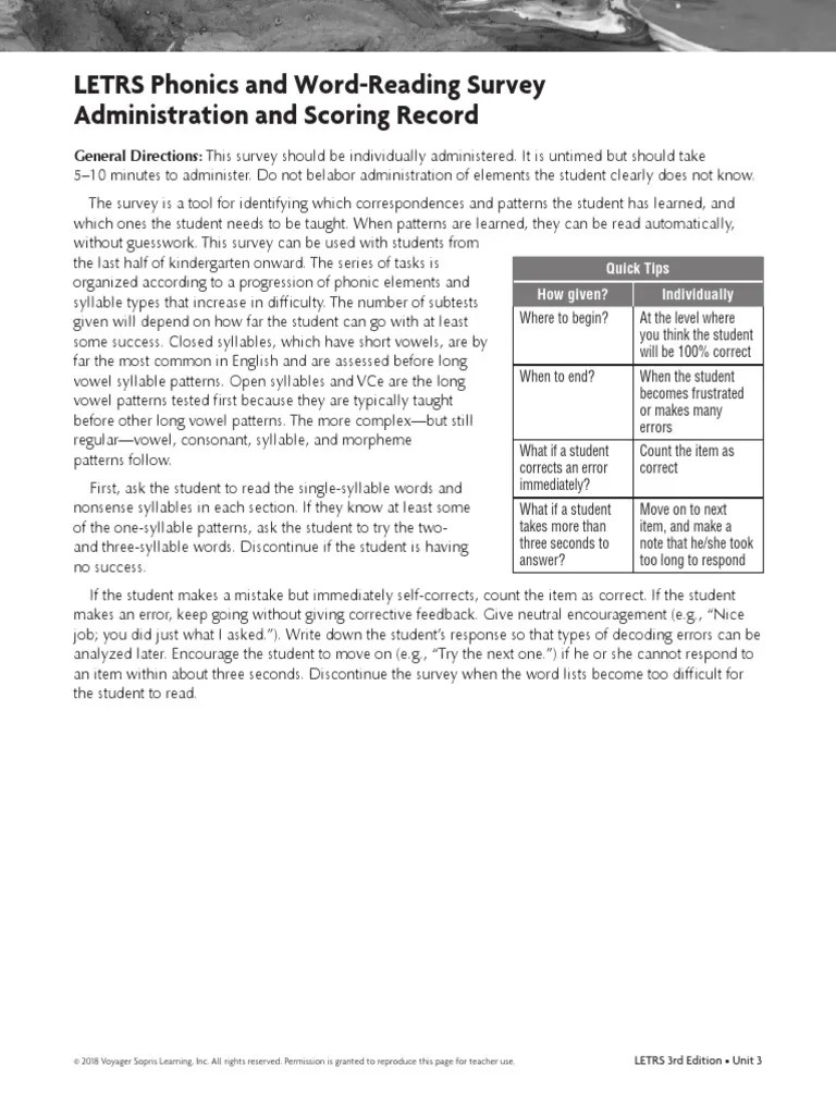 LETRS Phonics and WordReading Survey Administration and Scoring Record