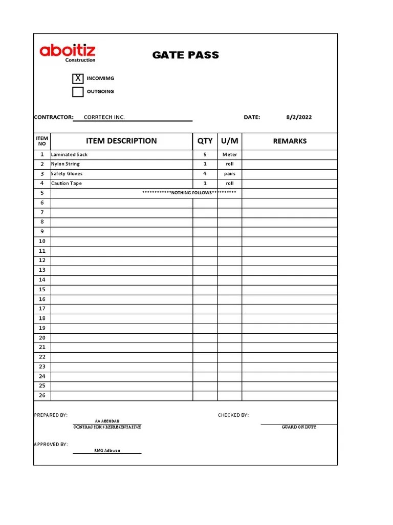 Gate Pass Template (1) PDF