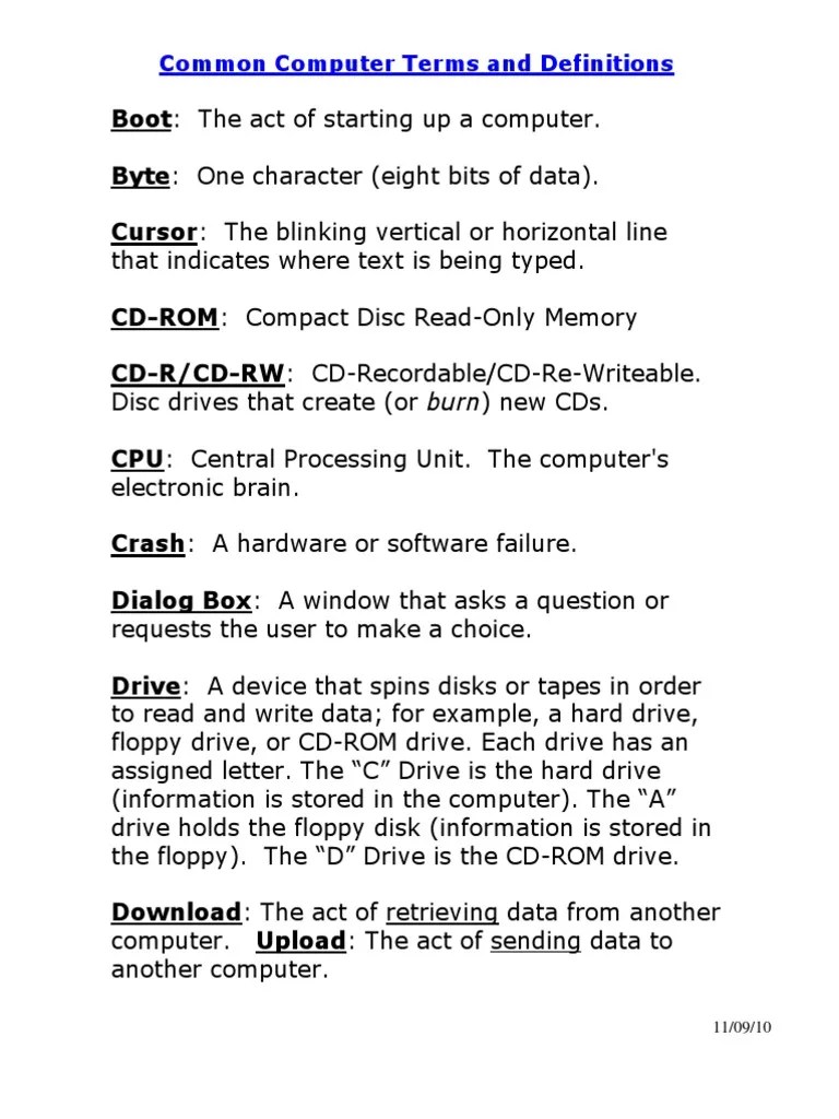 Common Computer Terms and Definitions PDF Cd Rom Personal Computers