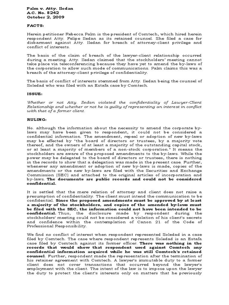 Palm v. Atty. Iledan PDF AttorneyClient Privilege Conflict Of