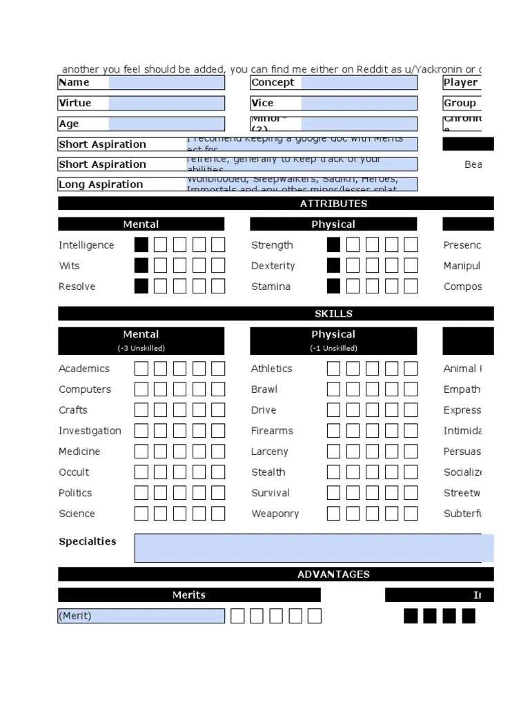 The Full Splat Character Sheet Bundle. PDF