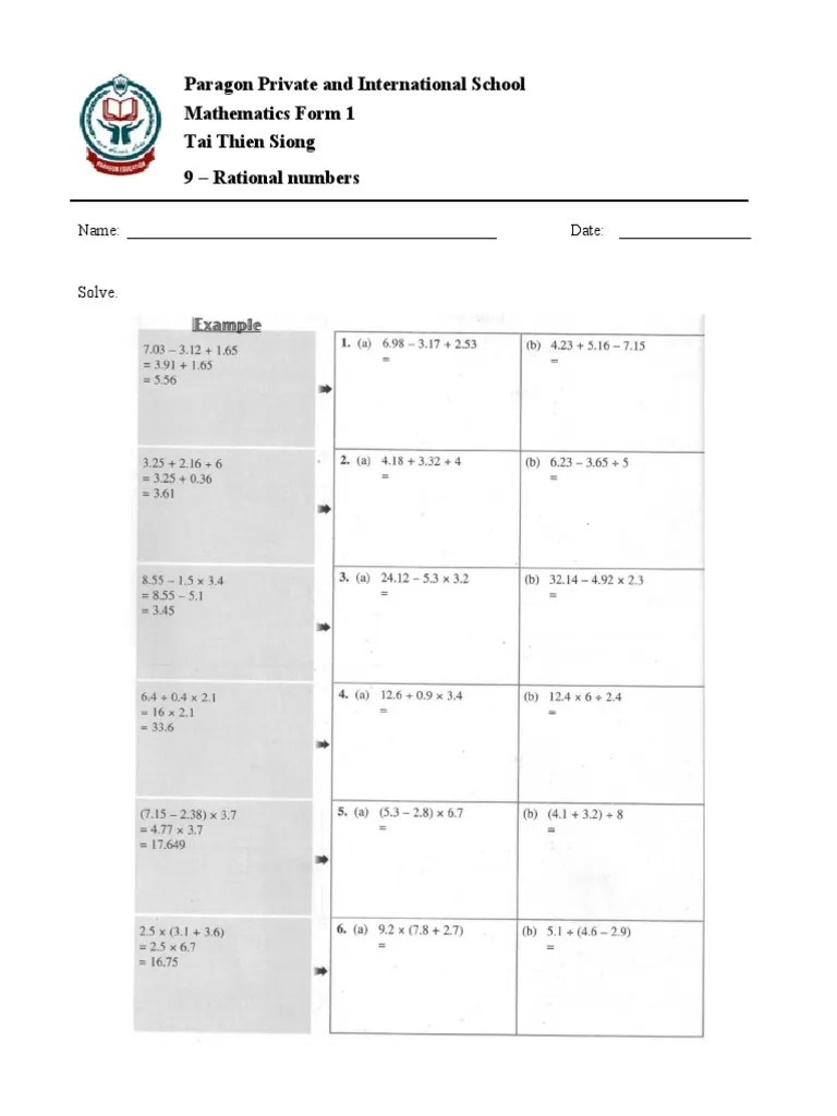 Paragon Private and International School Mathematics Form 1 Tai Thien