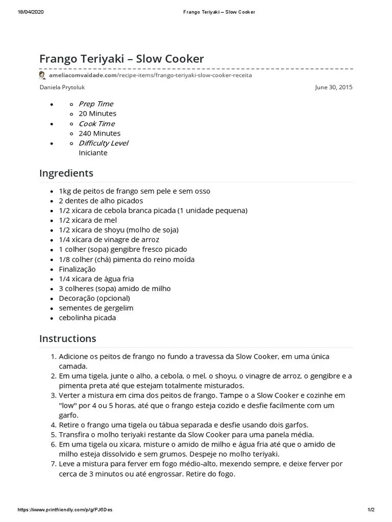 Frango Teriyaki Slow Cooker PDF Comidas e bebidas Culináriar