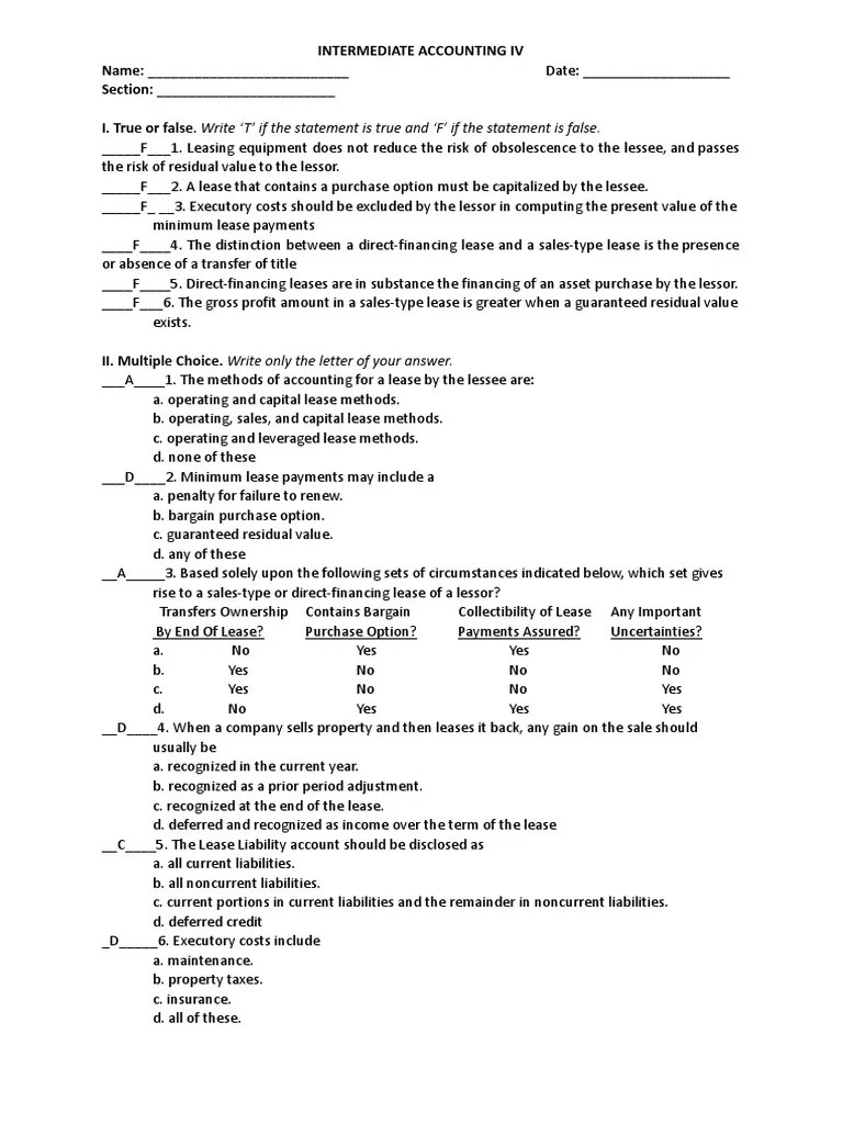 Long Quiz 2 Lease Answer Key PDF Lease Economies