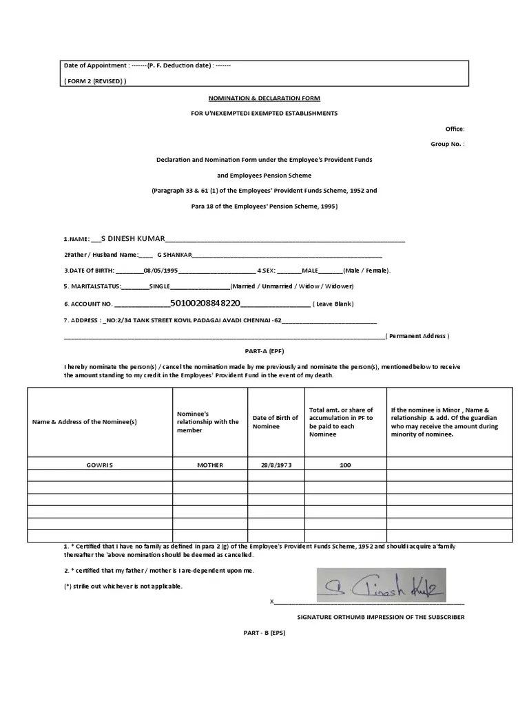 PF Nomination Form PDF Employment Compensation Employee Relations