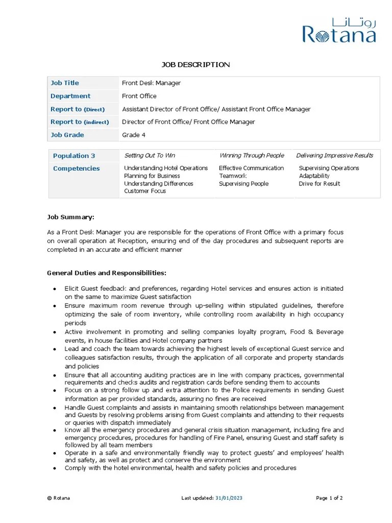 Job Description Front Desk Manager PDF Inventory Economies