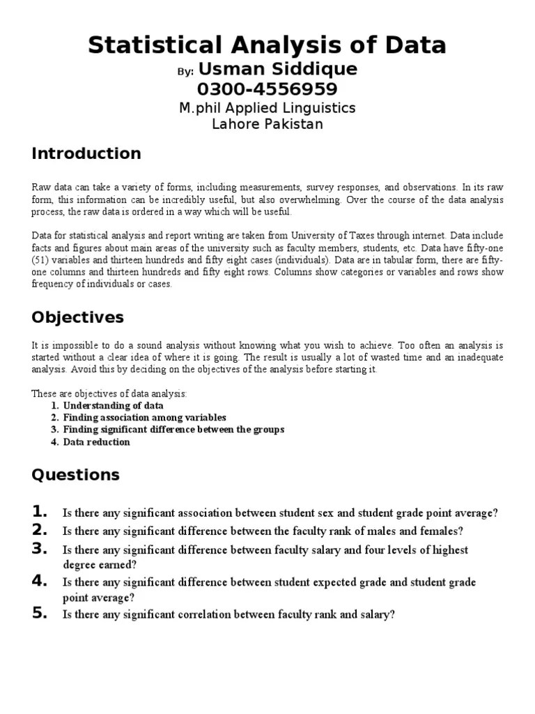 Statistical Analysis of Data with report writing Student's T Test