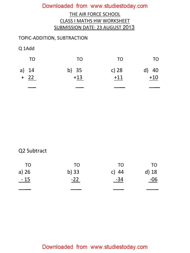 CBSE Class 1 Maths Practice Worksheets (77) Addition and Subtraction PDF