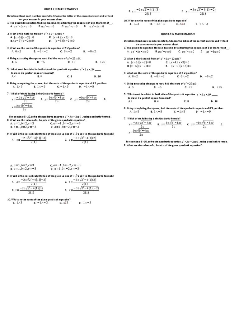 Quiz 2 | PDF | Quadratic Equation | Mathematical Objects