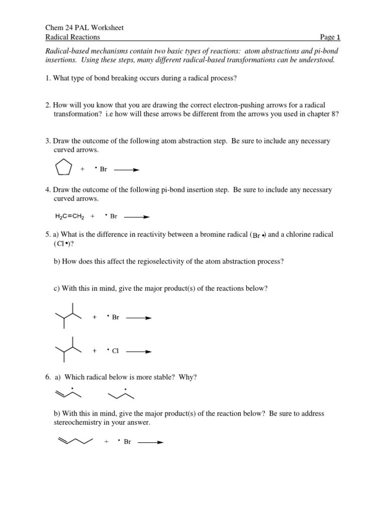 Chem 24 Pal Worksheet Radical Reactions | PDF