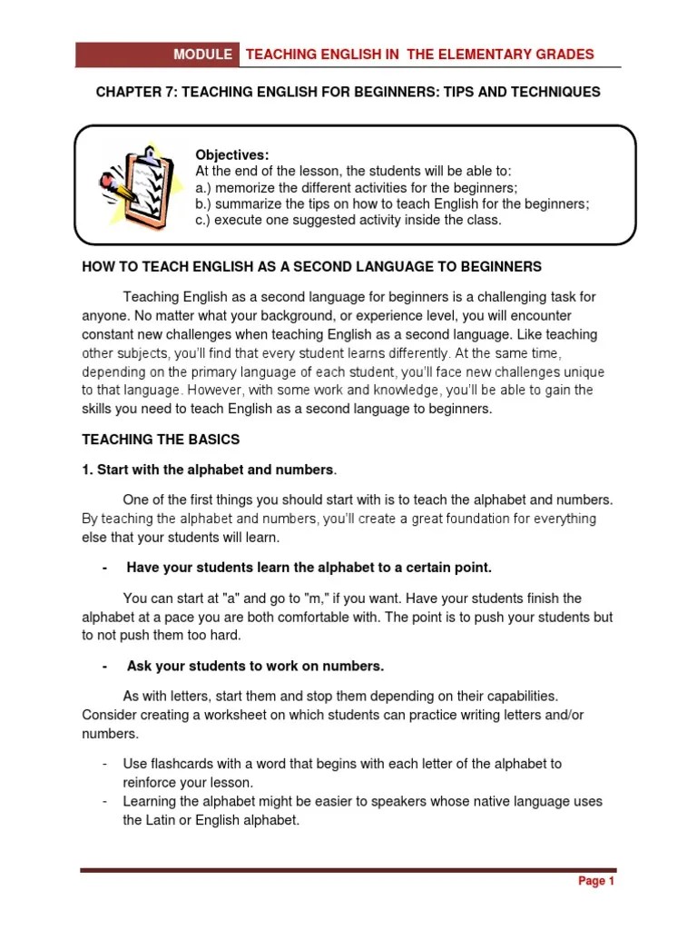 Chapter 7 Teaching English For Beginners Tips and Techniques PDF