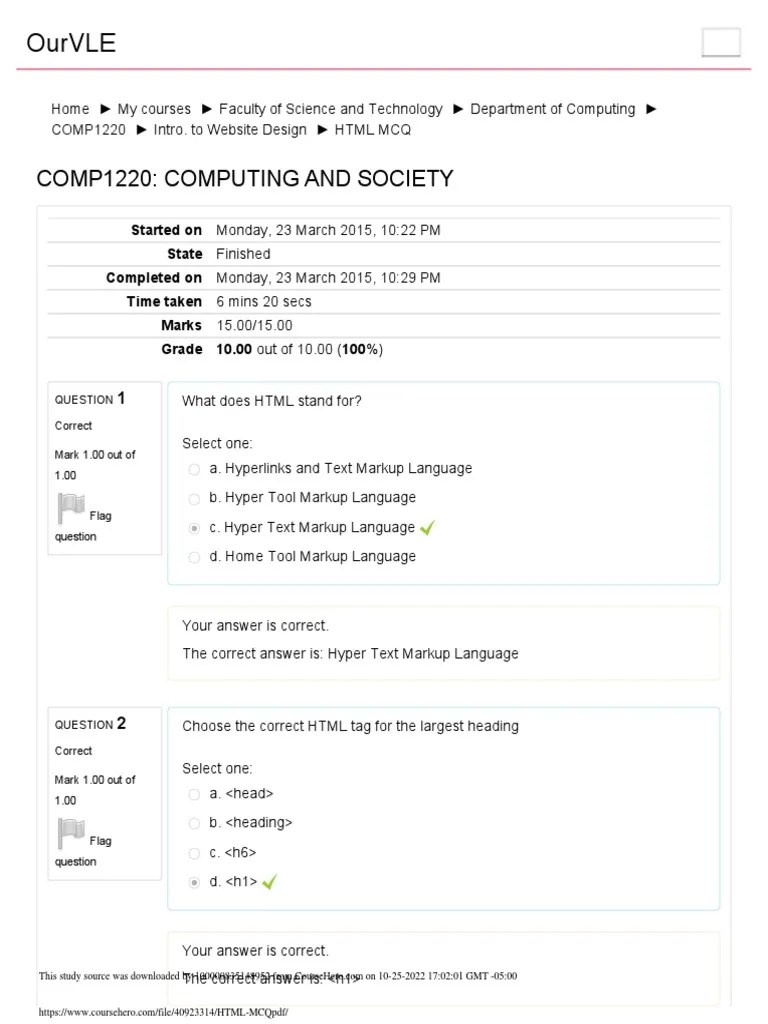HTML MCQ PDF PDF Html Element Markup Language