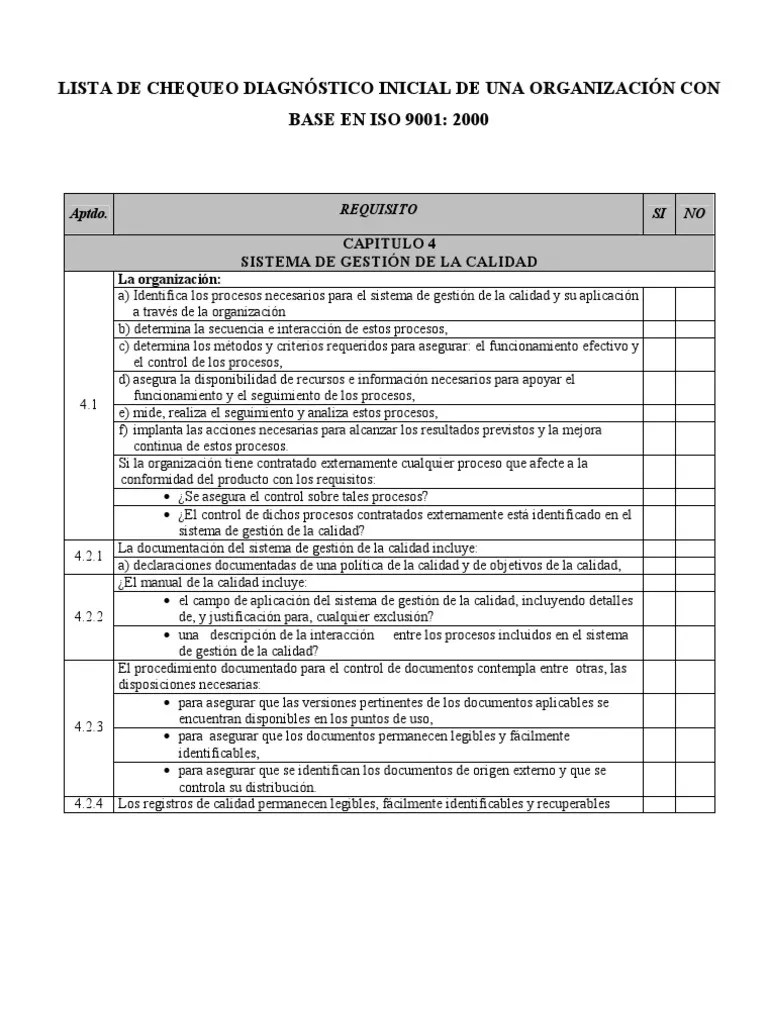 Lista De Chequeo Diagnóstico Inicial De Una Organización
