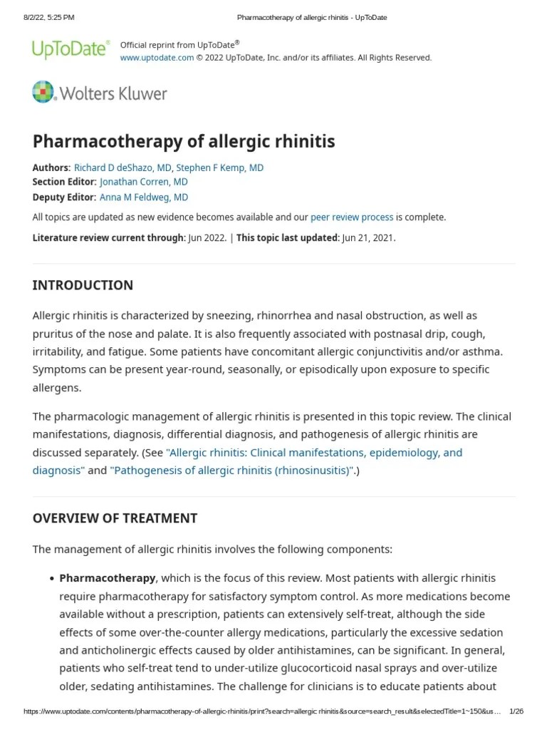 Pharmacotherapy of Allergic Rhinitis UpToDate PDF Allergy Allergen