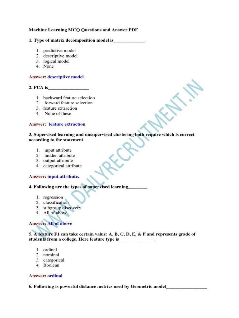 ML MCQ Questions and Answer PDF PDF