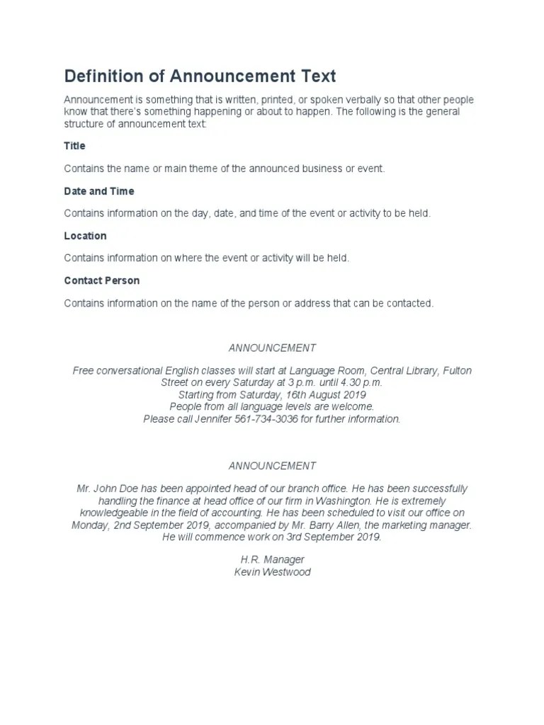 Definition of Announcement Text PDF