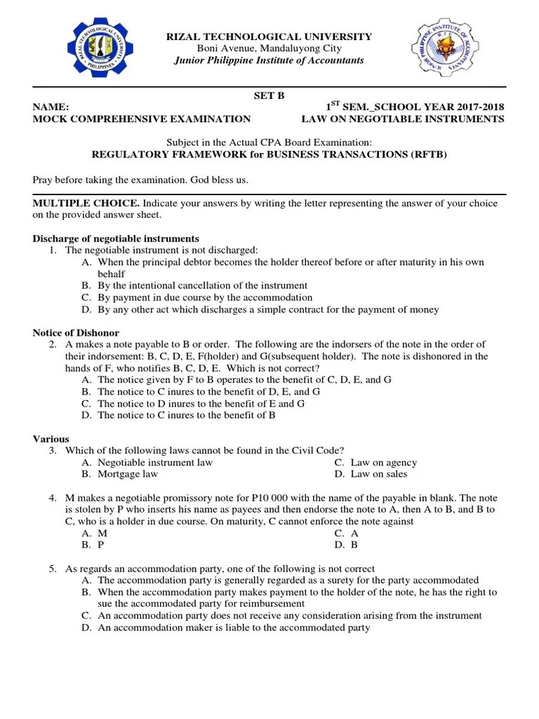 BL3 SET B Questions 150 COPIES PDF Negotiable Instrument Promissory Note