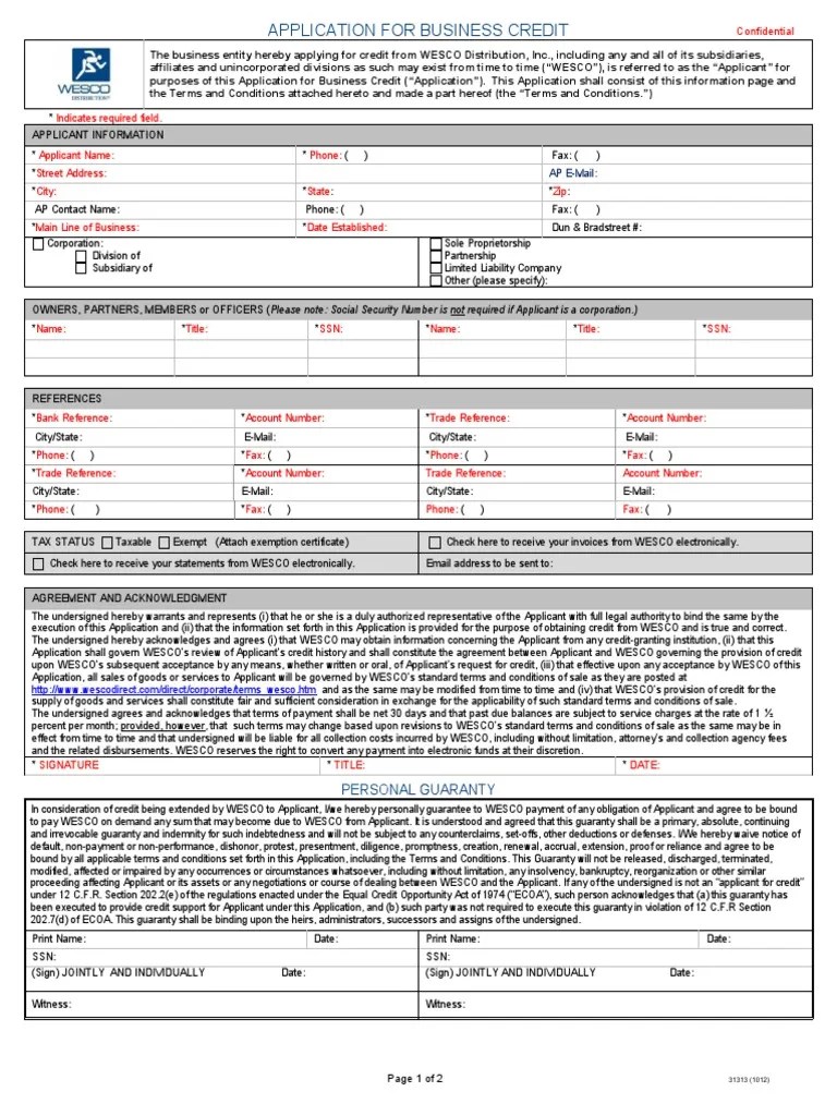 Application For Business Credit WESCO Distribution Inc PDF