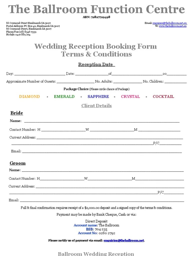 Ballroom Reception Booking Form Payments Deposit Account Free 30